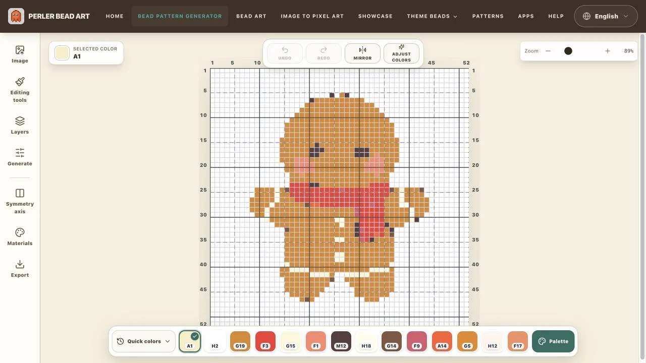 Generated pattern canvas with numbered zoom, board, and quick color controls