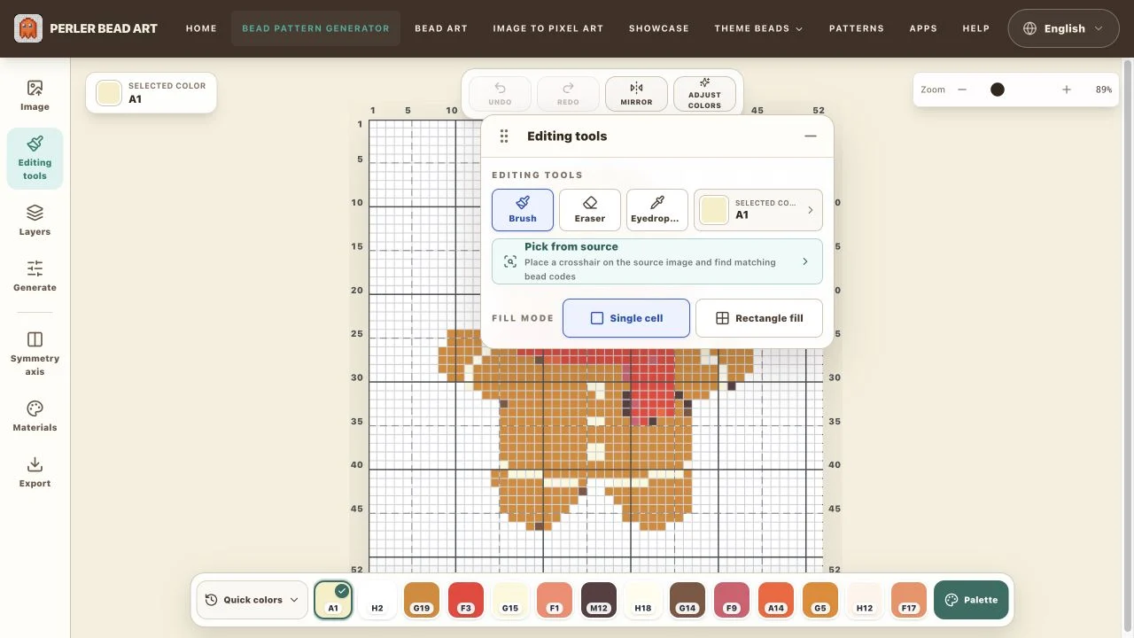 Edit tools panel with numbered drawing tools, source color picker, and fill modes