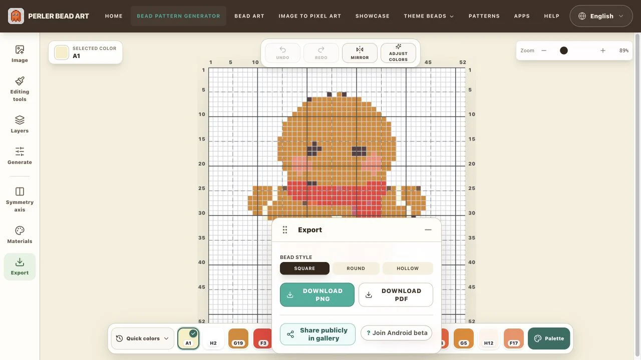 Export dialog with numbered bead style, private download, and public gallery options