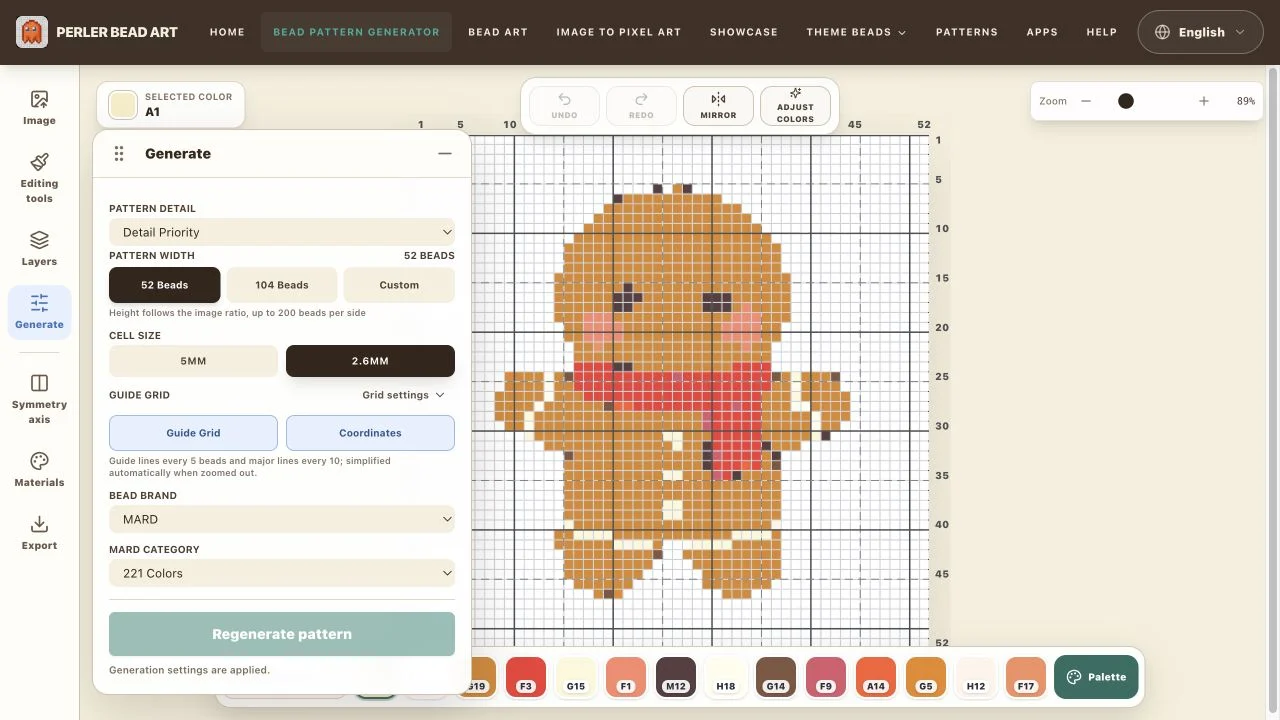 Generate settings panel with numbered detail mode, pattern width, and bead palette controls
