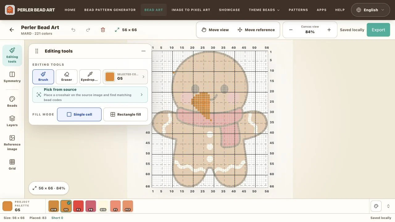 Drawing tools panel and editable bead canvas