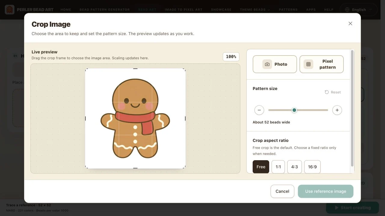 Reference upload, image type, and crop flow