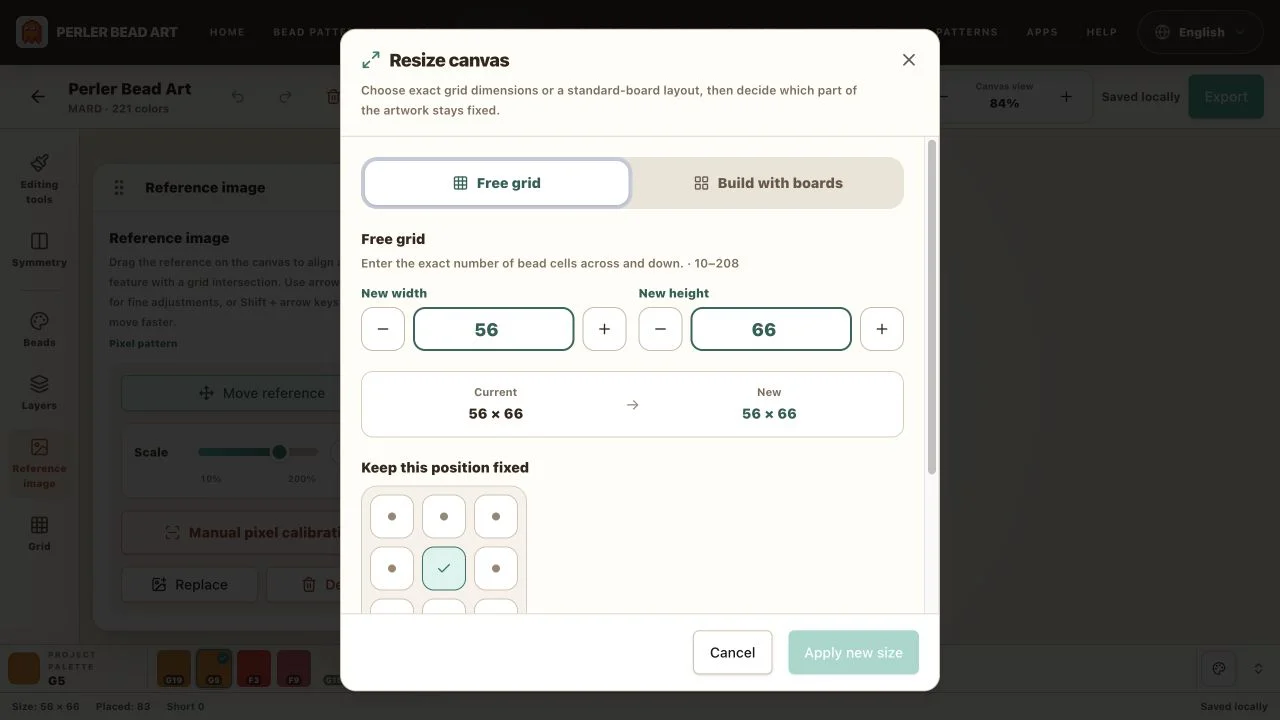 Canvas resize dialog with free grid, standard boards, and anchors
