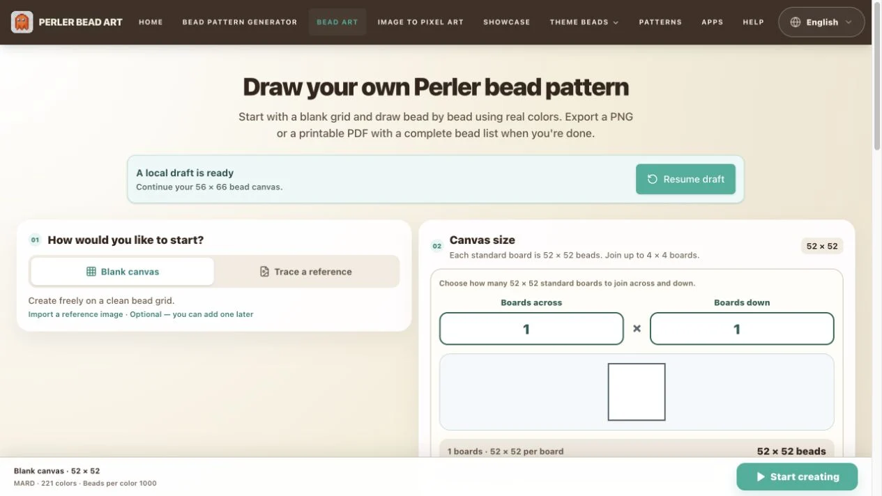 Pixel Beads Art setup with blank, reference, and draft options